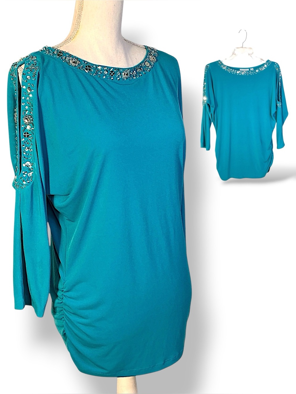 Susan Graver Top Liquid Knit Cold Shoulder Embellished 3/4 Sleeve  Turquoise